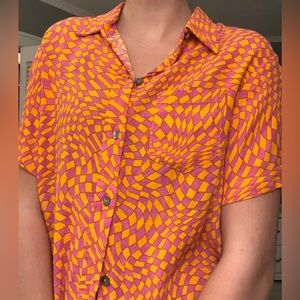 checker board button up short sleeve top